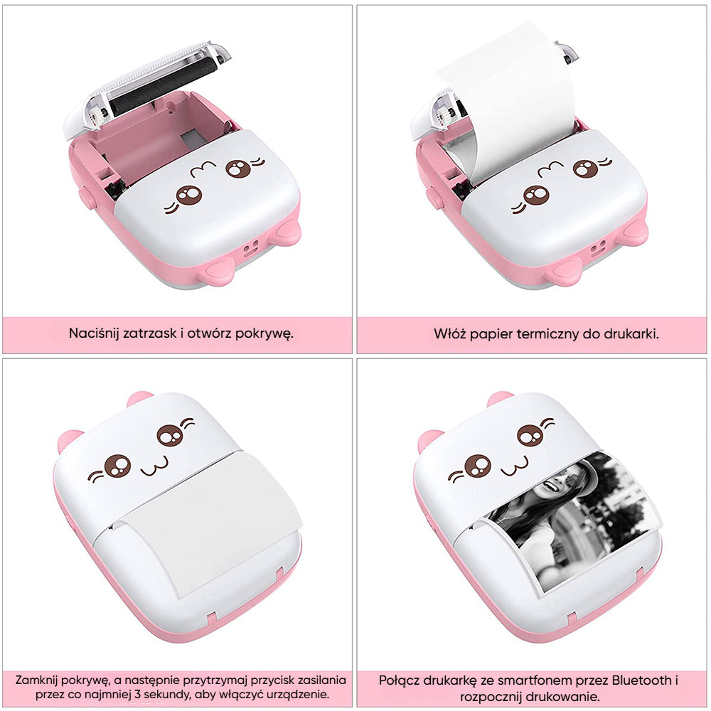PrintyPlay MeowPrint Mini Printer – Drukarka termiczna Bluetooth do natychmiastowego wydruku w uroczym kocim stylu, idealna dla dzieci i kreatywnej zabawy