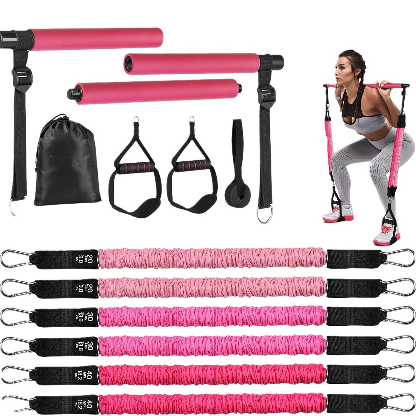 TotalFit 5+™️Kompleksowy zestaw taśm oporowych z uchwytami i drążkiem do treningu całego ciała
