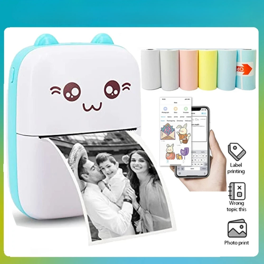 PrintyPlay MeowPrint Mini Printer – Drukarka termiczna Bluetooth do natychmiastowego wydruku w uroczym kocim stylu, idealna dla dzieci i kreatywnej zabawy