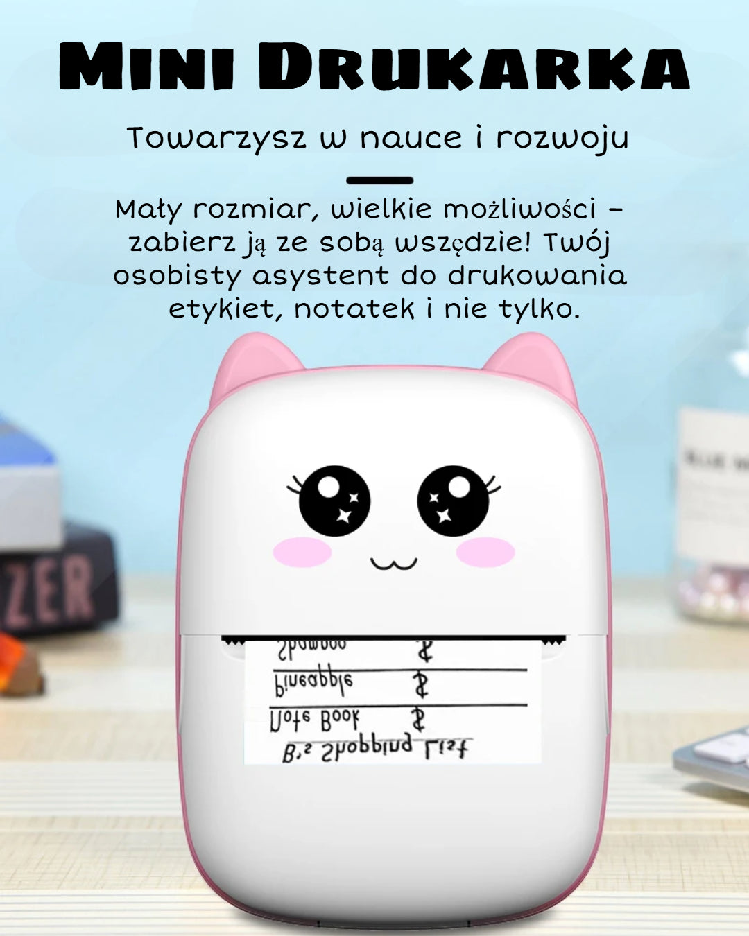 PrintyPlay MeowPrint Mini Printer – Drukarka termiczna Bluetooth do natychmiastowego wydruku w uroczym kocim stylu, idealna dla dzieci i kreatywnej zabawy