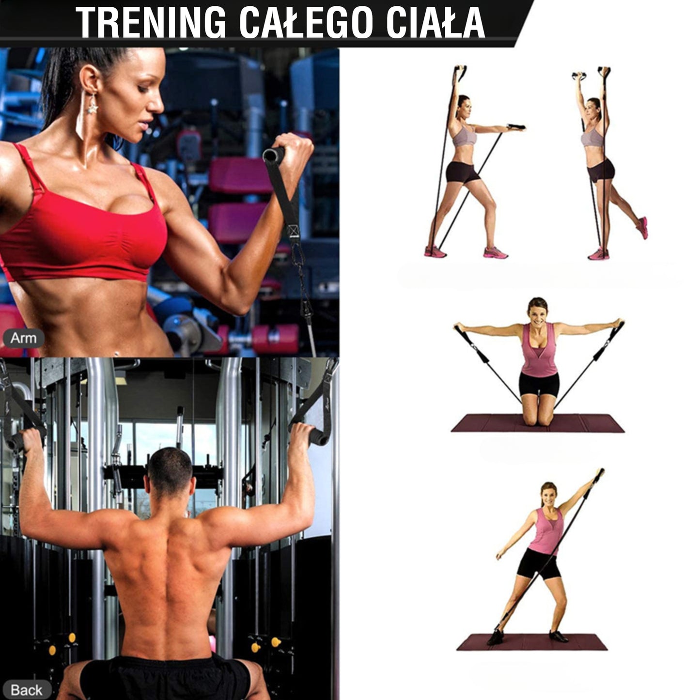 TotalFit 5+™️Kompleksowy zestaw taśm oporowych z uchwytami i drążkiem do treningu całego ciała