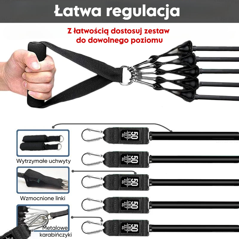 TotalFit 5+™️Kompleksowy zestaw taśm oporowych z uchwytami i drążkiem do treningu całego ciała