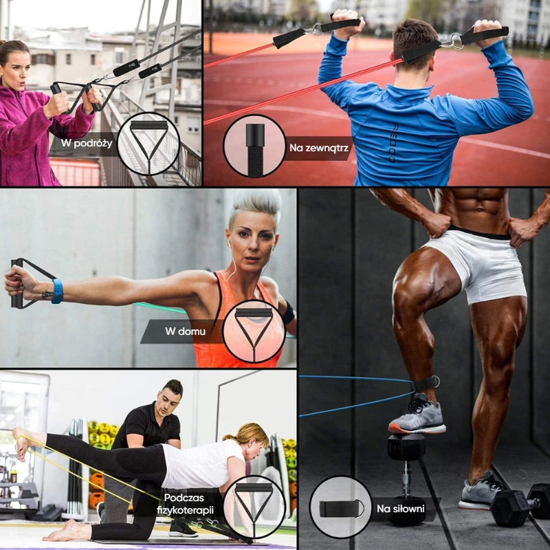 TotalFit 5+™️Kompleksowy zestaw taśm oporowych z uchwytami i drążkiem do treningu całego ciała