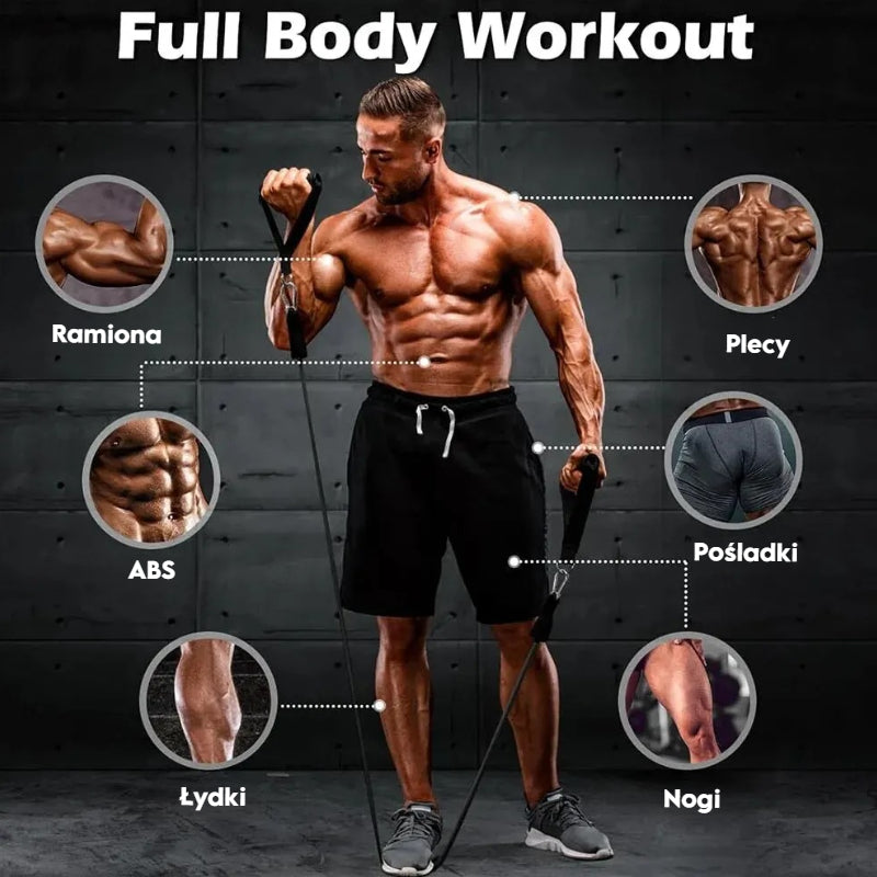 TotalFit 5+™️Kompleksowy zestaw taśm oporowych z uchwytami i drążkiem do treningu całego ciała