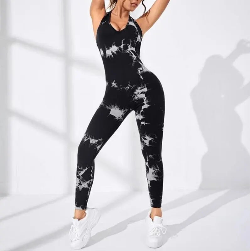 EnergyFlow Volt™ – Kombinezon sportowy ze wzorem tie dye i wycięciem na plecach – idealny na jogę, fitness i trening na świeżym powietrzu