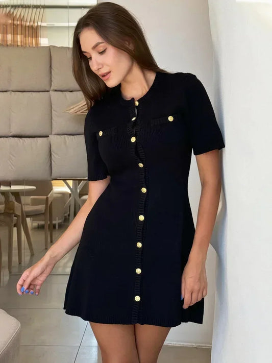 Lina Belle™ Damska Sukienka Dzianinowa Casual Chic z Krótkim Rękawem i Złotymi Guzikami na Lato/Wiosnę