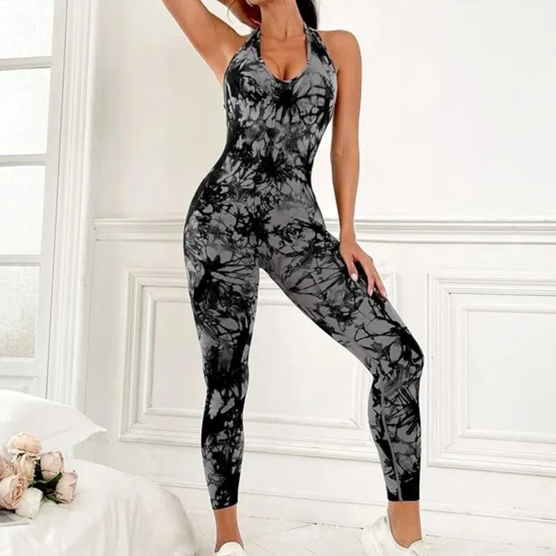 EnergyFlow Volt™ – Kombinezon sportowy ze wzorem tie dye i wycięciem na plecach – idealny na jogę, fitness i trening na świeżym powietrzu