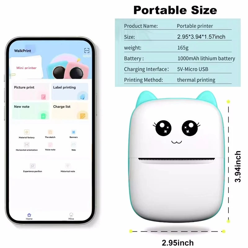 PrintyPlay MeowPrint Mini Printer – Drukarka termiczna Bluetooth do natychmiastowego wydruku w uroczym kocim stylu, idealna dla dzieci i kreatywnej zabawy