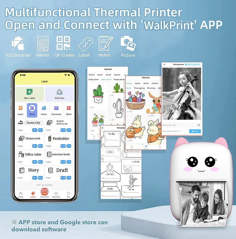 PrintyPlay MeowPrint Mini Printer – Drukarka termiczna Bluetooth do natychmiastowego wydruku w uroczym kocim stylu, idealna dla dzieci i kreatywnej zabawy