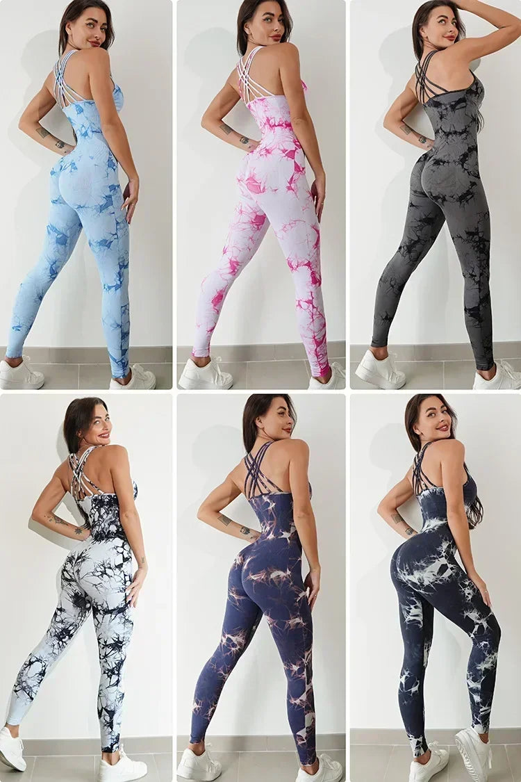 EnergyFlow Haze™ – Stylowy kombinezon sportowy z dynamicznym wzorem tie dye i wycięciem na plecach – idealny na jogę, fitness, siłownię i aktywności na świeżym powietrzu.