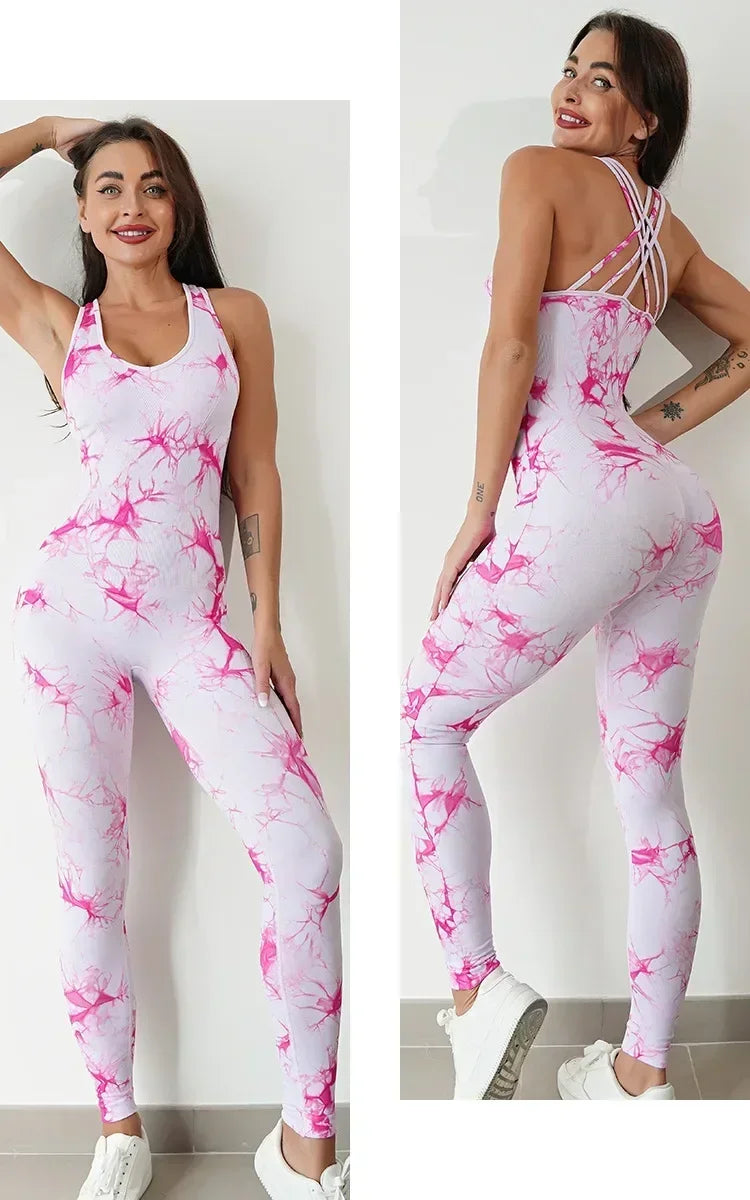 EnergyFlow Haze™ – Stylowy kombinezon sportowy z dynamicznym wzorem tie dye i wycięciem na plecach – idealny na jogę, fitness, siłownię i aktywności na świeżym powietrzu.
