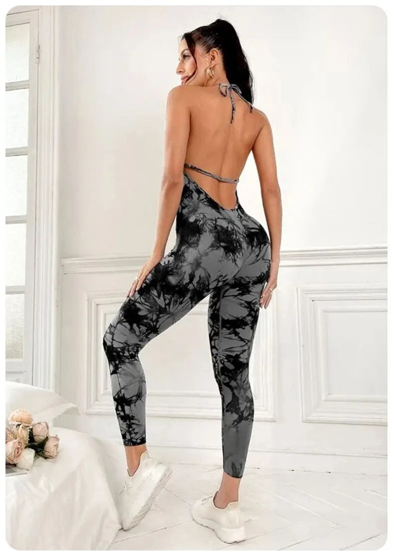 EnergyFlow Volt™ – Kombinezon sportowy ze wzorem tie dye i wycięciem na plecach – idealny na jogę, fitness i trening na świeżym powietrzu