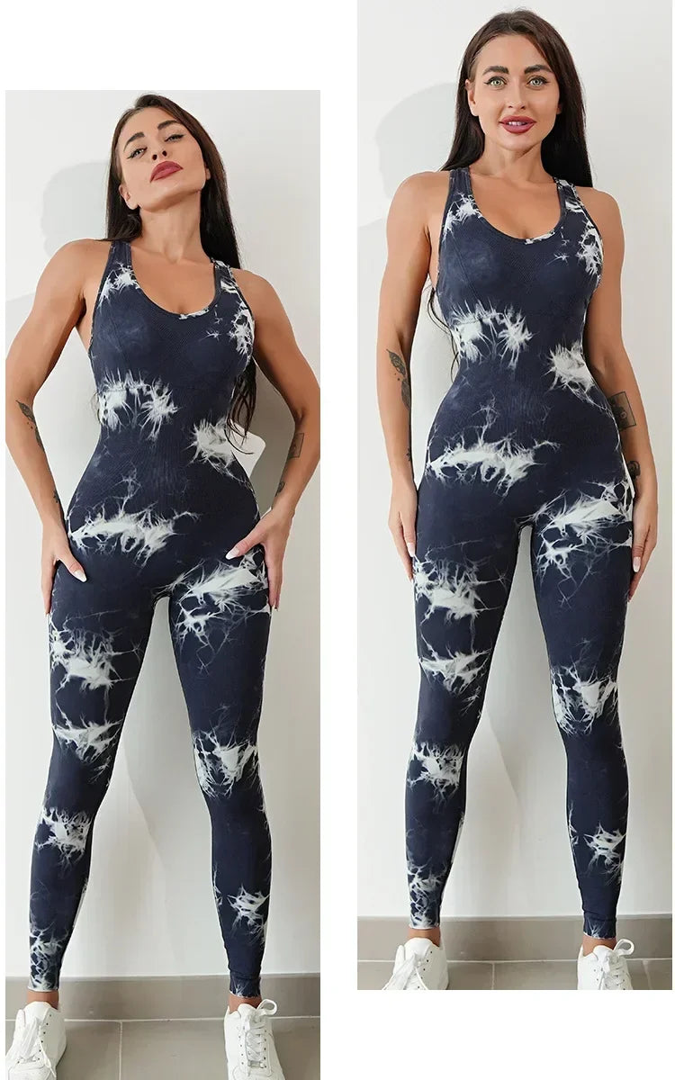 EnergyFlow Haze™ – Stylowy kombinezon sportowy z dynamicznym wzorem tie dye i wycięciem na plecach – idealny na jogę, fitness, siłownię i aktywności na świeżym powietrzu.
