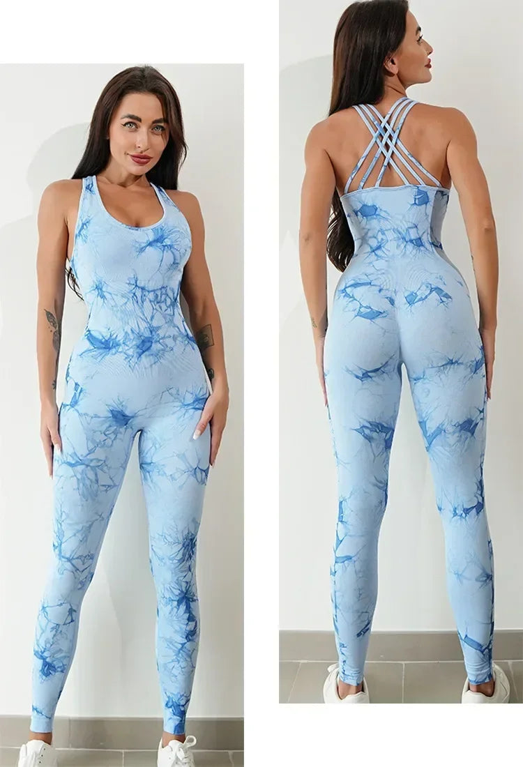 EnergyFlow Haze™ – Stylowy kombinezon sportowy z dynamicznym wzorem tie dye i wycięciem na plecach – idealny na jogę, fitness, siłownię i aktywności na świeżym powietrzu.