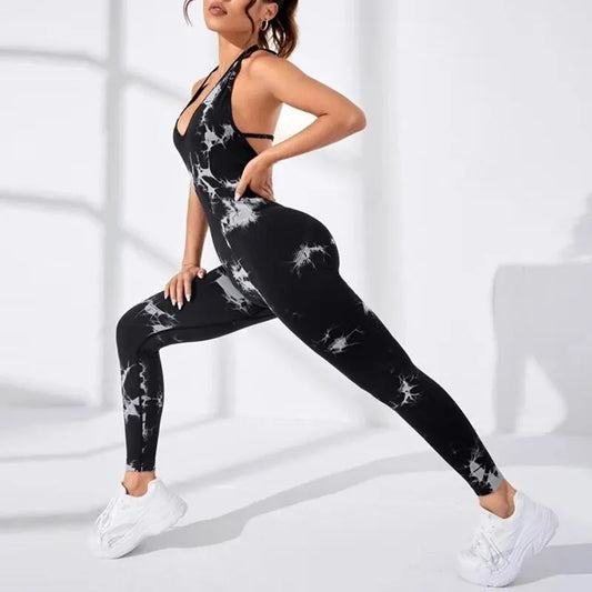EnergyFlow Volt™ – Kombinezon sportowy ze wzorem tie dye i wycięciem na plecach – idealny na jogę, fitness i trening na świeżym powietrzu
