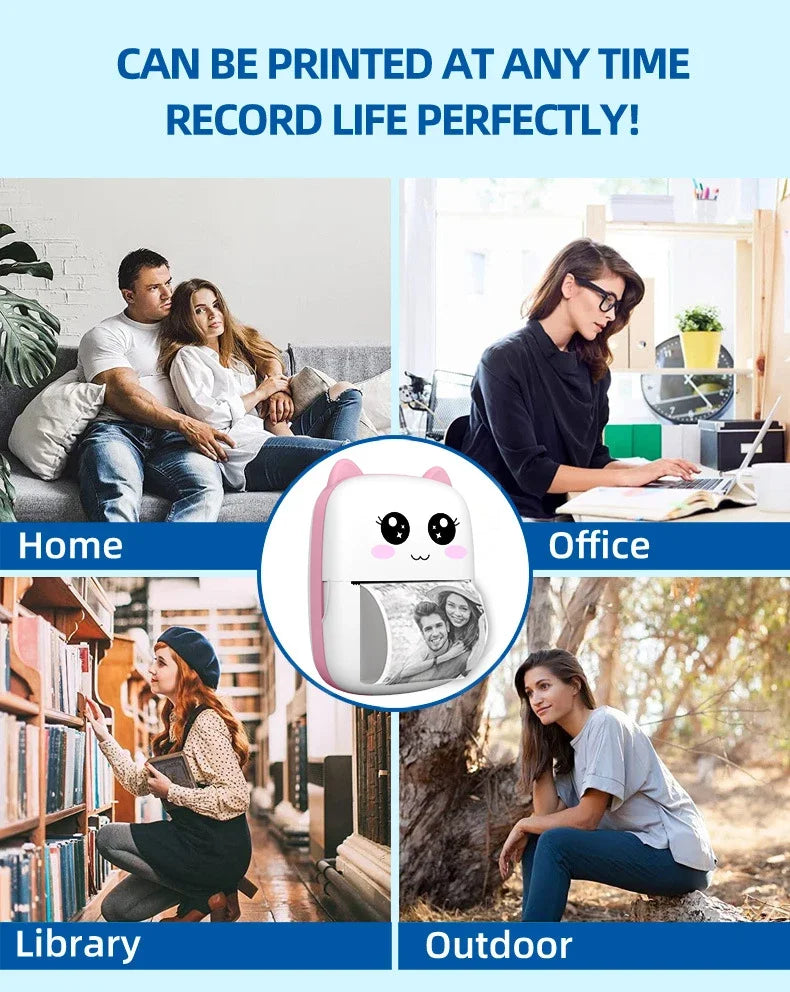 PrintyPlay MeowPrint Mini Printer – Drukarka termiczna Bluetooth do natychmiastowego wydruku w uroczym kocim stylu, idealna dla dzieci i kreatywnej zabawy